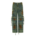 Loose cargo denim trousers with gradient colour pockets and multiple utility compartments