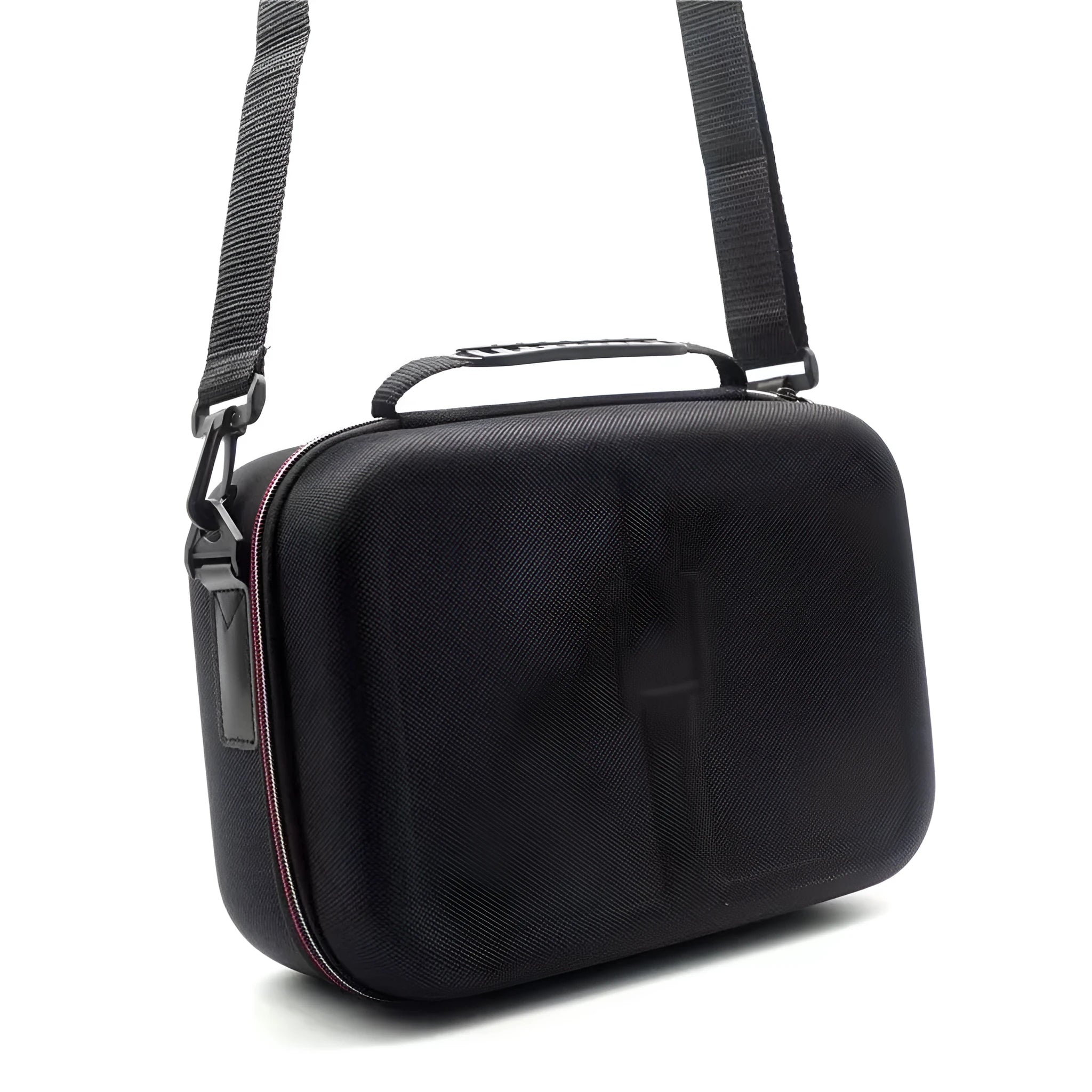Black EVA game console accessory storage bag with offset printed design, shown with controllers inside.