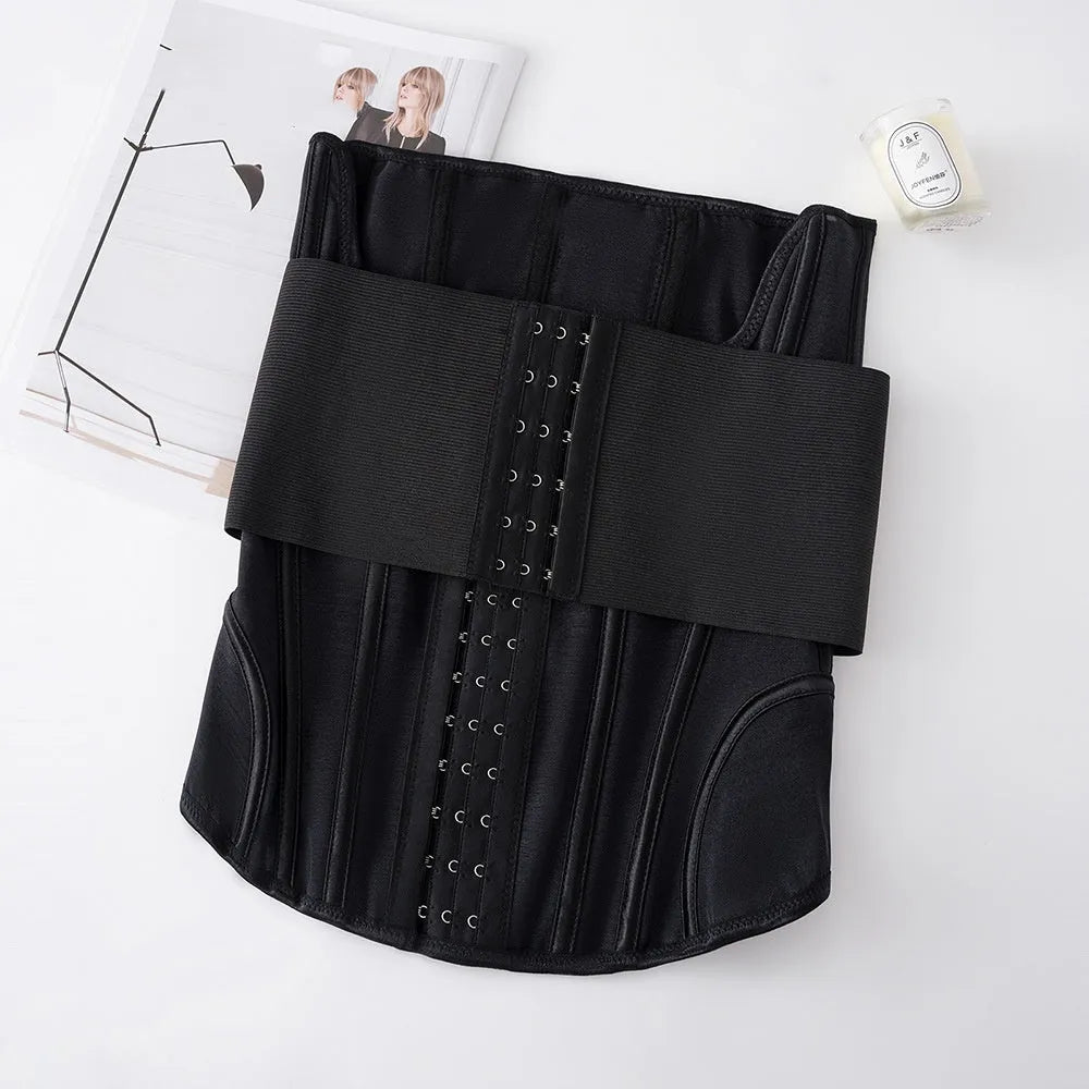 Nylon belly band waist trainer in apricot and black colours with belt tie