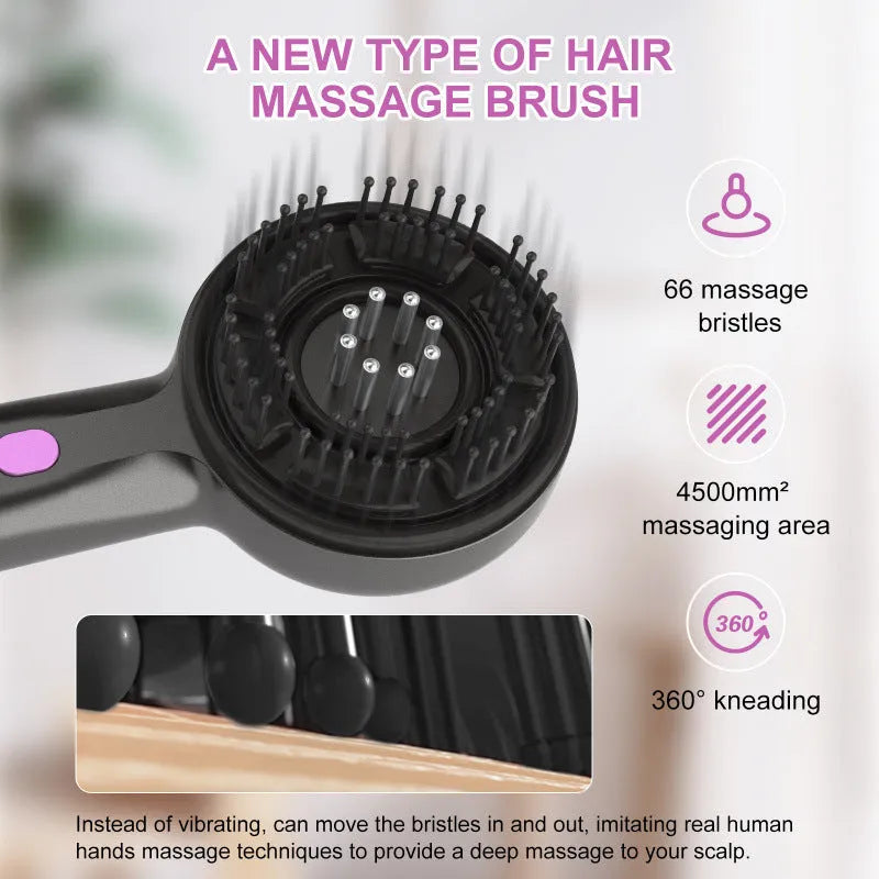 A grey, black, or red USB-powered vibrating head comb massager with a brush head and 2-speed control.