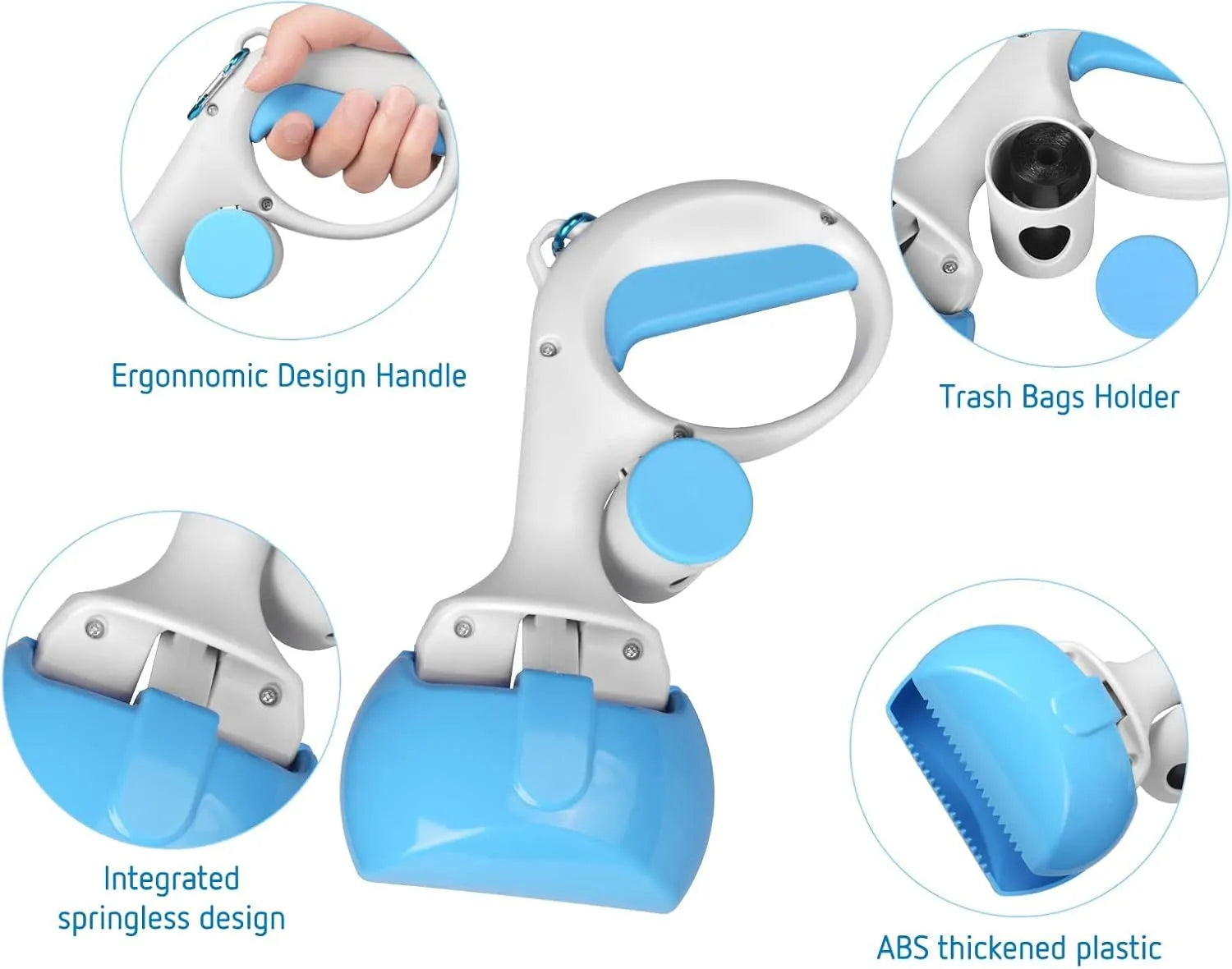 A black ABS plastic pet pooper scooper with a built-in trash bag holder and a carrying hook.