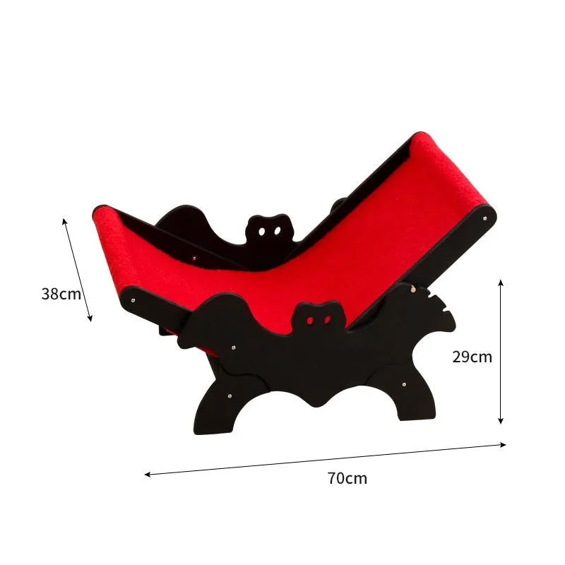 Wooden cat recliner lounge chair with black and red Halloween colour scheme