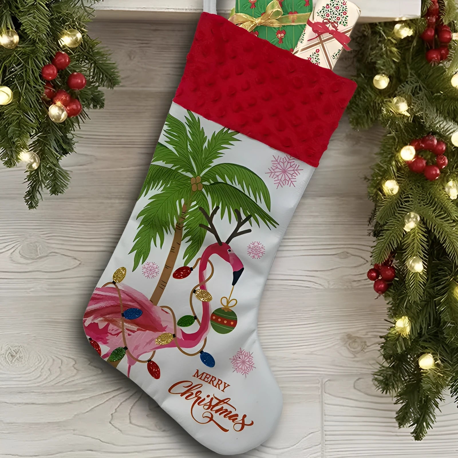 Flamingo Christmas stocking ornament in cloth fabric measuring 46cm by 28cm
