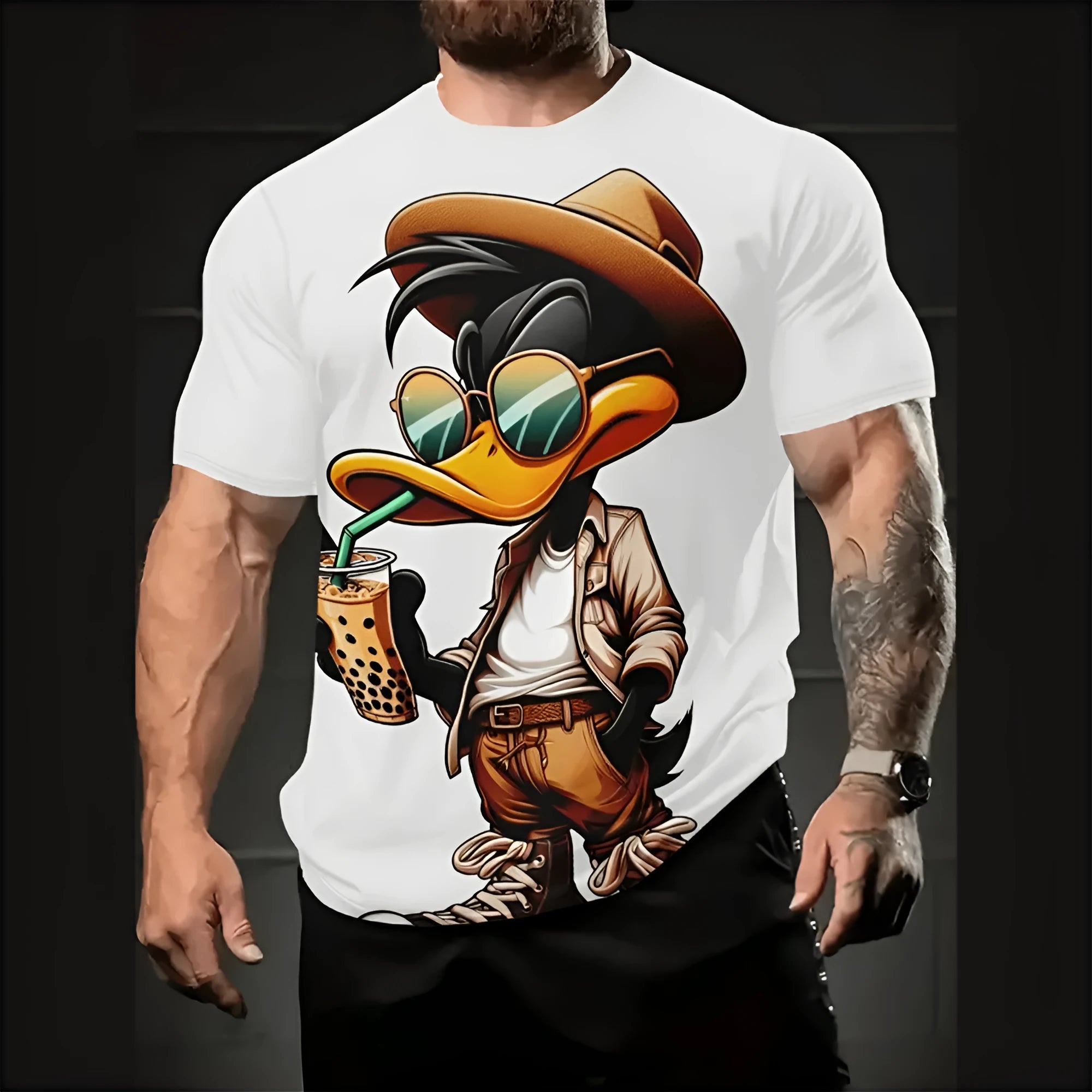 Men's loose fit grey T-shirt with a colourful 3D printed cartoon design on the front.