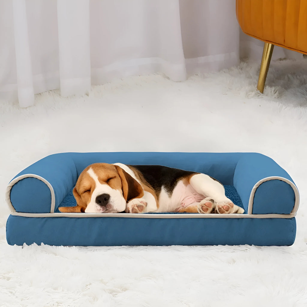 Square cloth-covered sponge dog bed in beige colour, shown in a medium size.