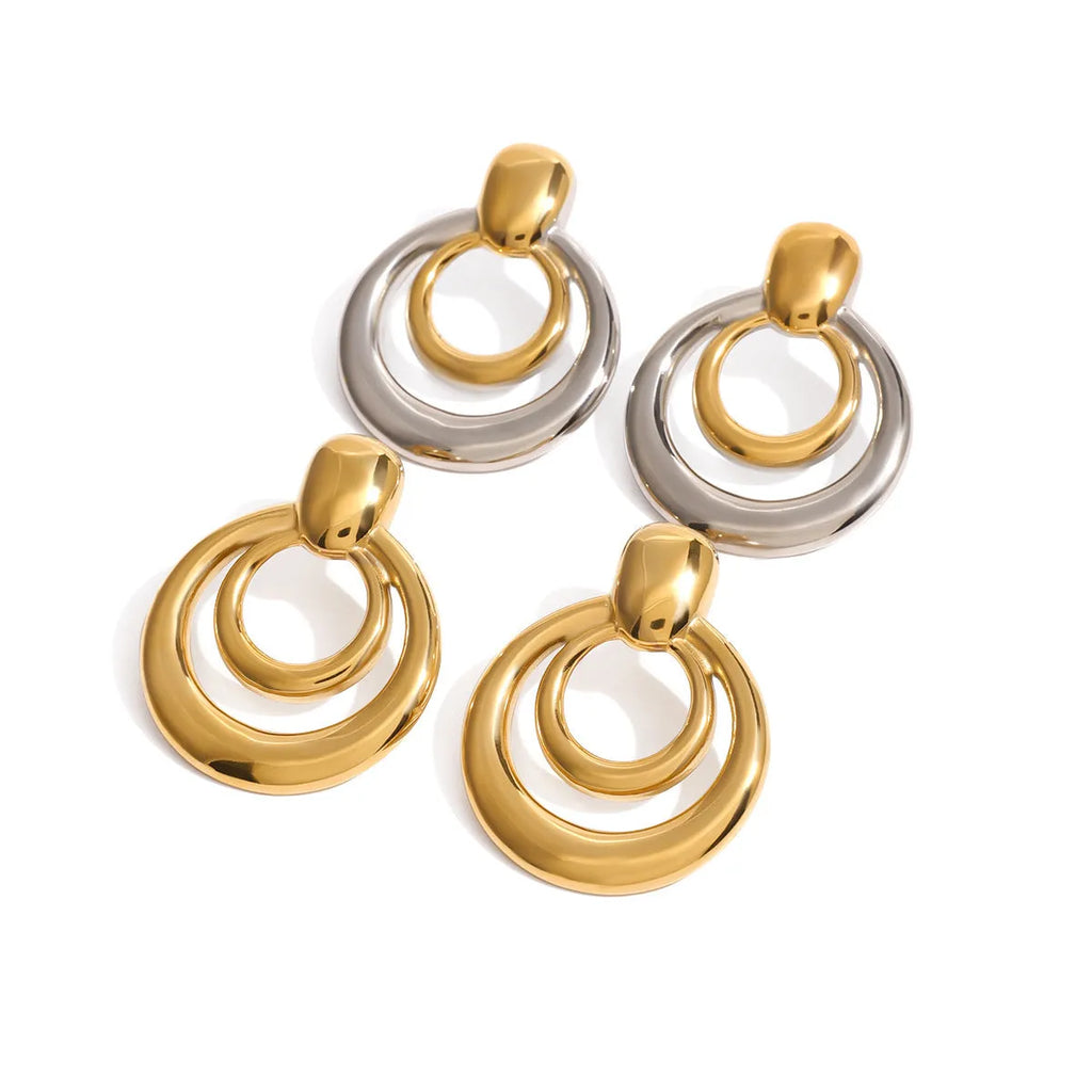 Golden round double layer hollow stud earrings with geometric design and electroplated finish