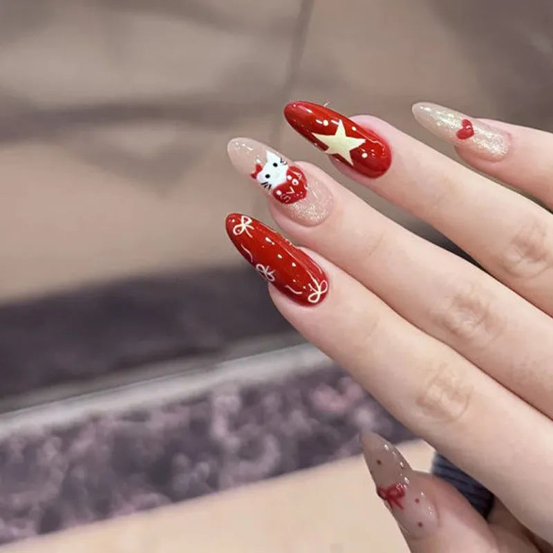 Set of sweet girl themed press-on false nails in assorted random colours and designs.