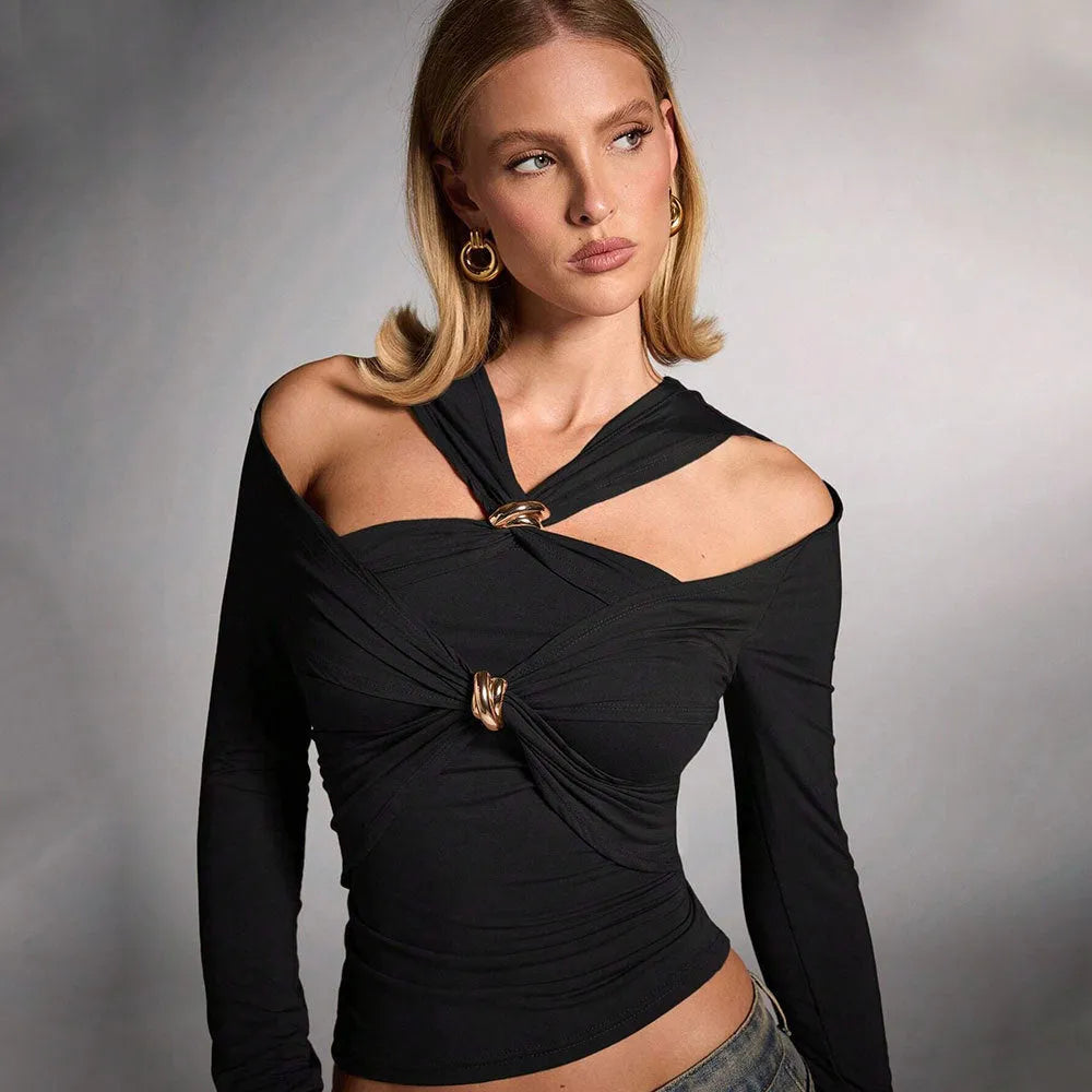 Black women's halter top with long sleeves and slim fit design