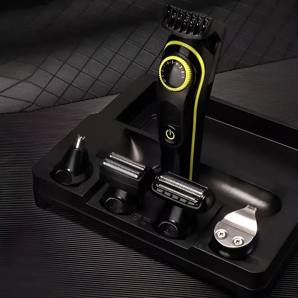 Black rechargeable electric hair clipper set with USB charging cable and cleaning brush