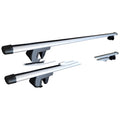 A pair of alloy roof rack crossbars for a General Motors SUV on a vehicle roof.