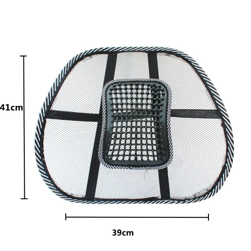 Black leather-textured lumbar support pillow for car seats measuring 41x39 cm