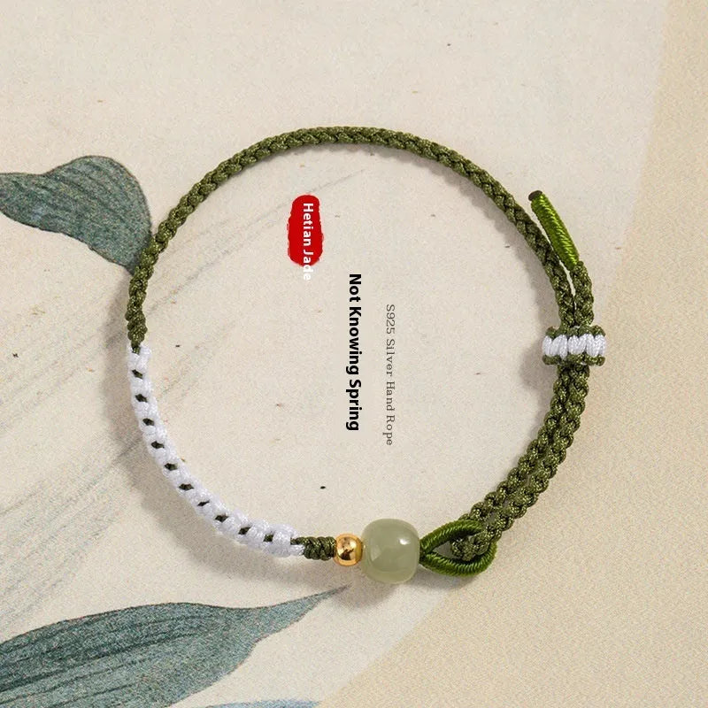 Hetian Jade Sterling Silver Chinese national bracelet with cord strap and electroplated finish in S0553 colour