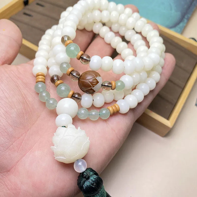 White Jade Bodhi beaded bracelet with 108 beads, shown in three different size and style variations.
