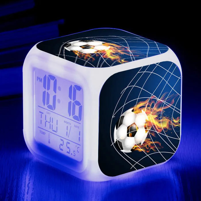 Square plastic alarm clock with football pattern cartoon design and mute alarm function