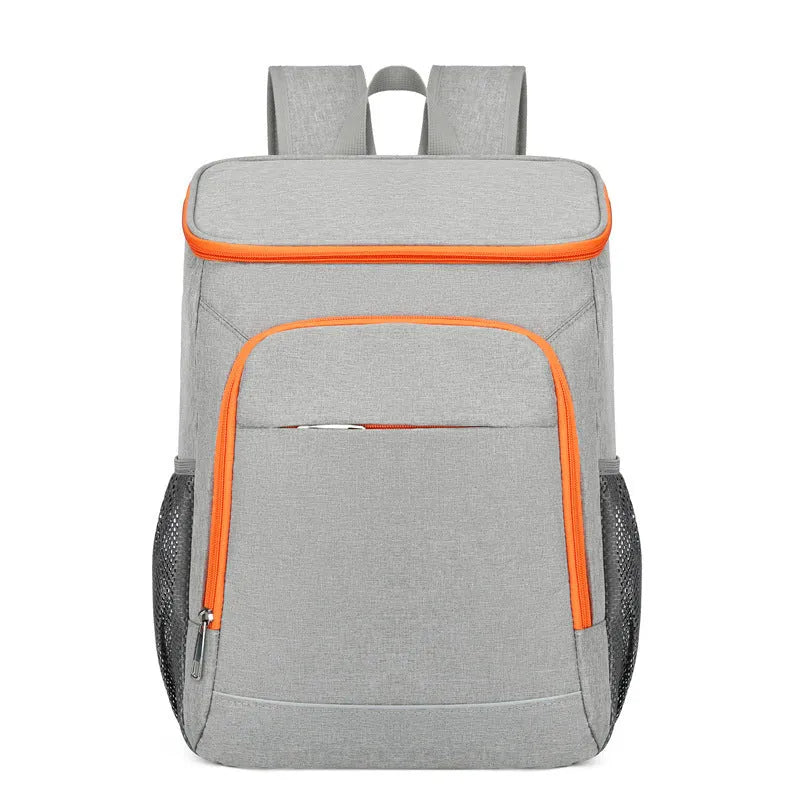Large black outdoor thermal insulation backpack with curved shoulder straps shown open to reveal compartments