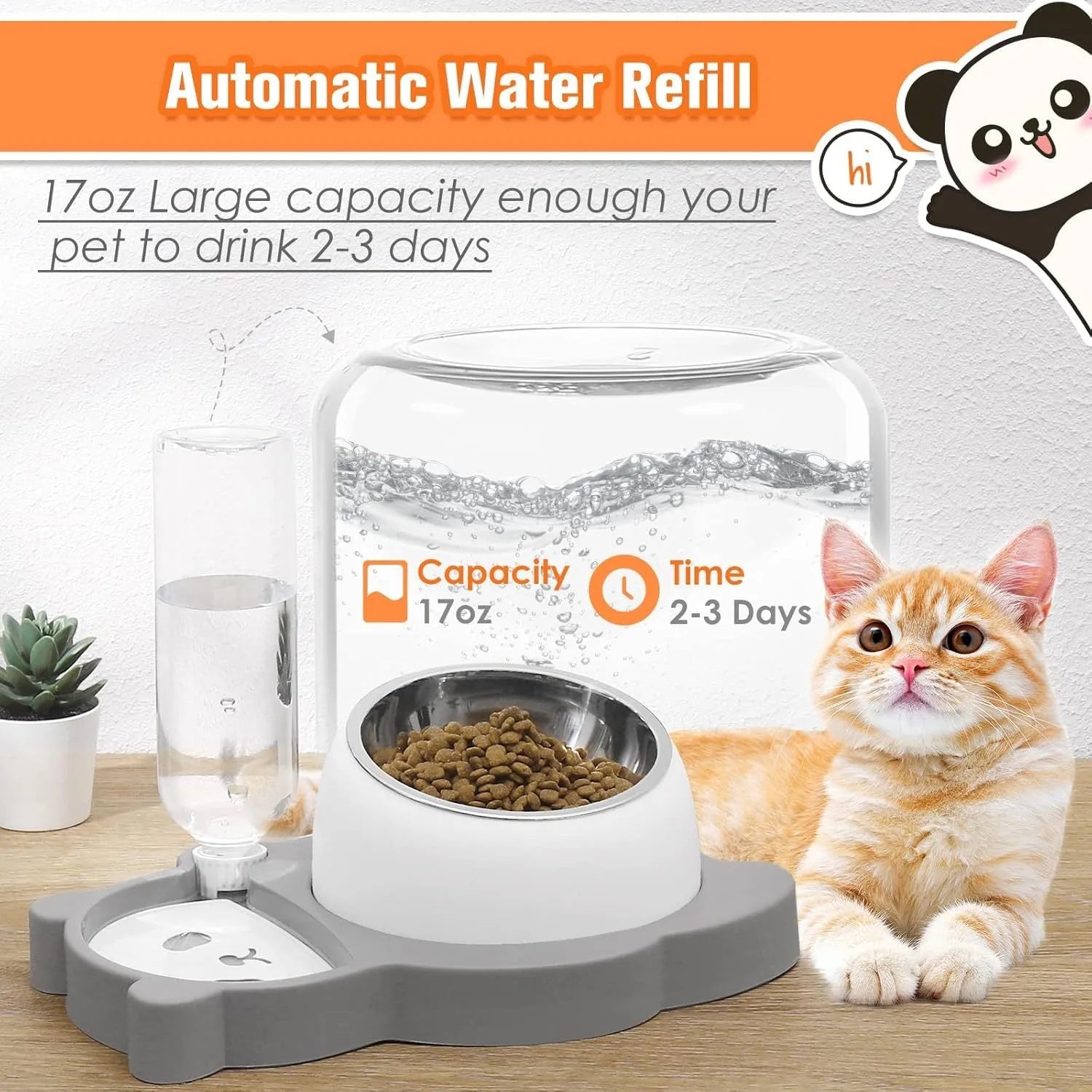 Grey panda-shaped tilted pet bowl set with automatic water bottle and stainless steel bowls