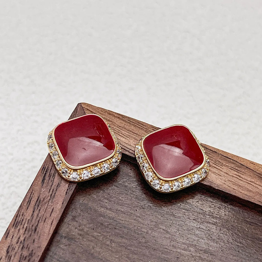 Red square geometric alloy earrings for women with retro plate finish