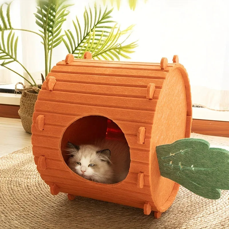 Carrot-shaped grey felt cat nest tunnel for cats, showing semi-enclosed design and drilled holes.