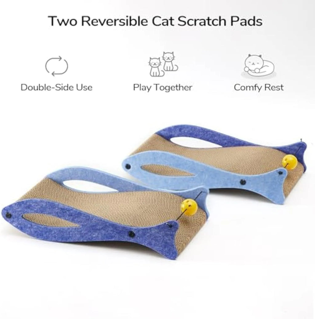 Blue fish-shaped cat scratcher with bell ball toys on elastic cord for scratching and play