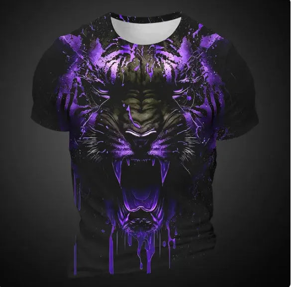 Men's grey T-shirt with a detailed 3D tiger head pattern printed on the front.
