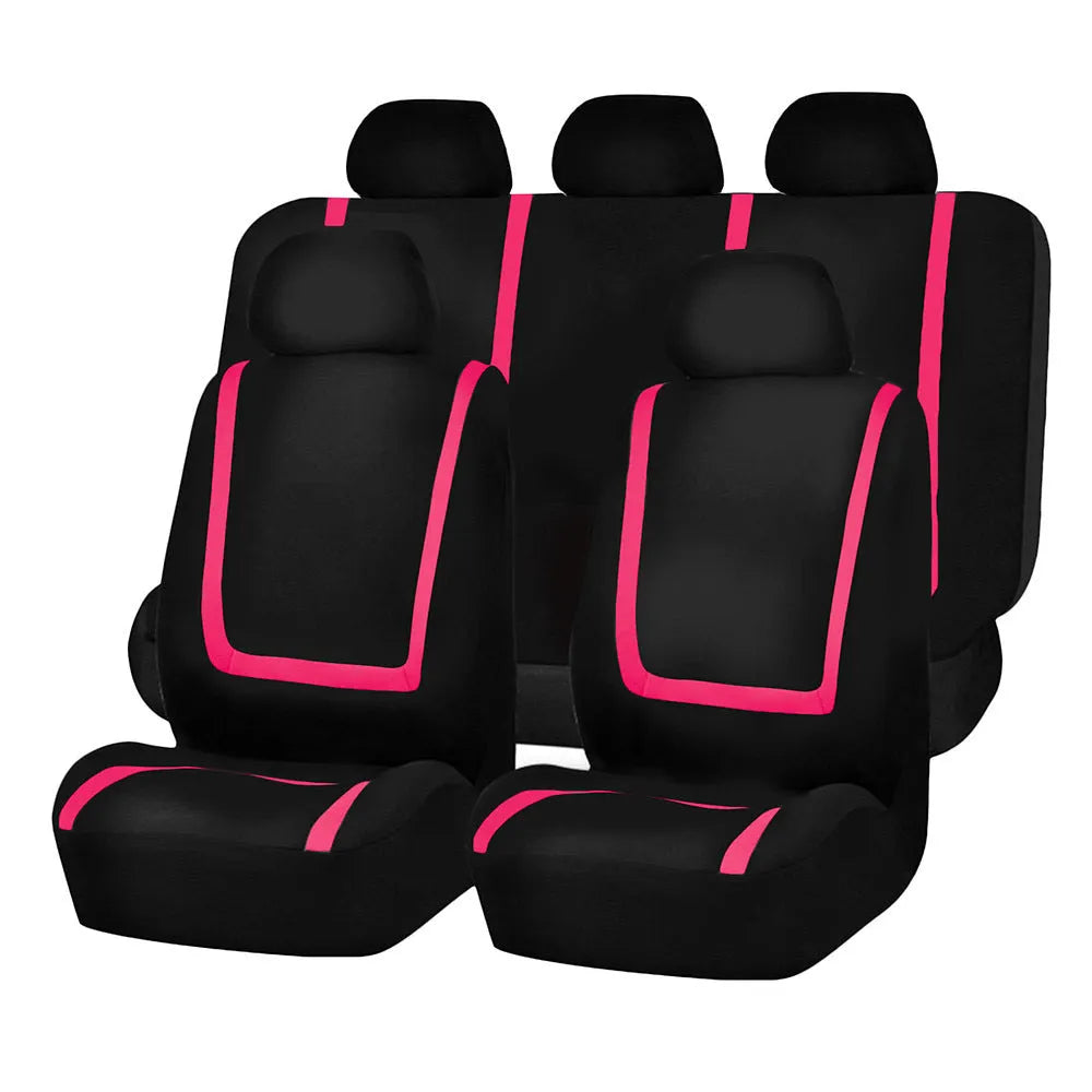 Fully enclosed universal car seat cover set in a beige and black colour combination.