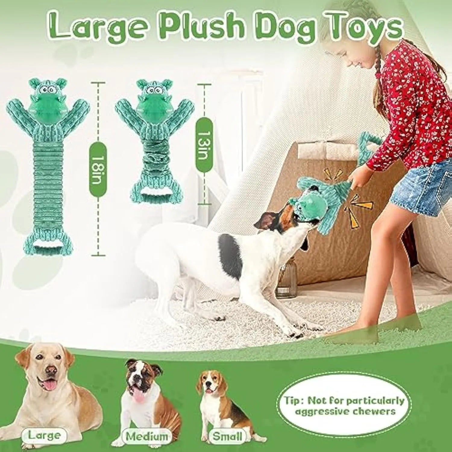 Plush squeaky dog toy with crinkle paper and a handle for tug-of-war play.
