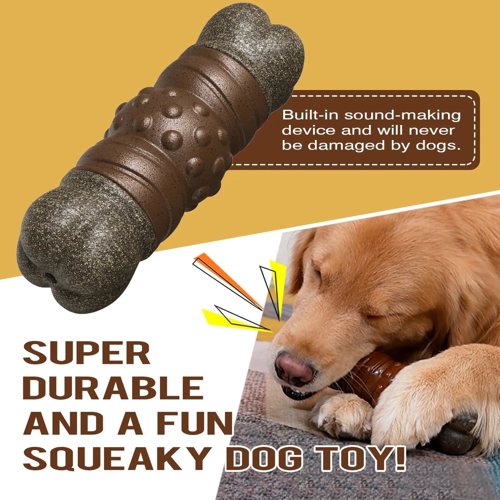 Wood colour dog molar rod chew toy with sounding bone design for dental cleaning