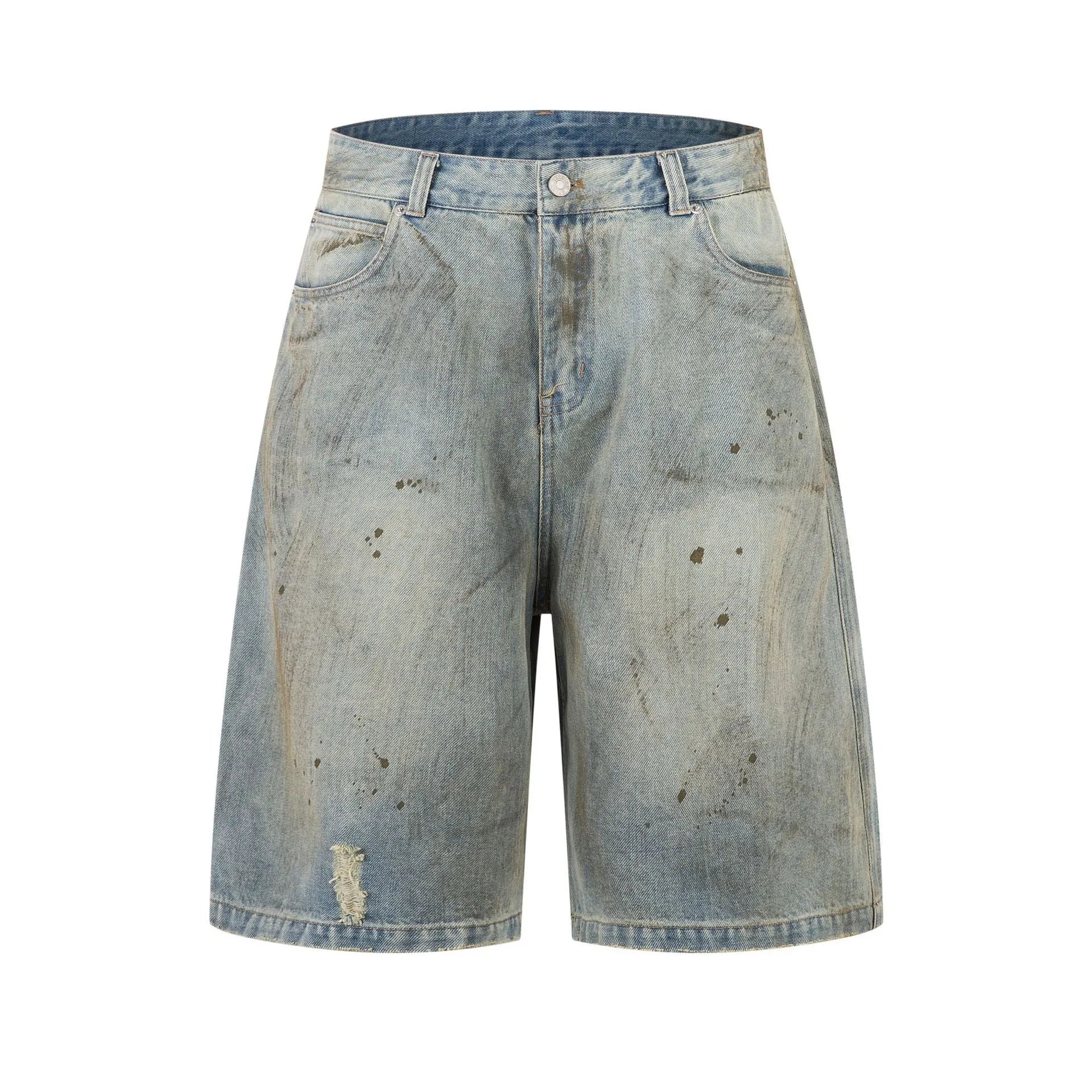 Men's washed blue cropped denim jeans with straight leg and zipper fly in Asian sizing