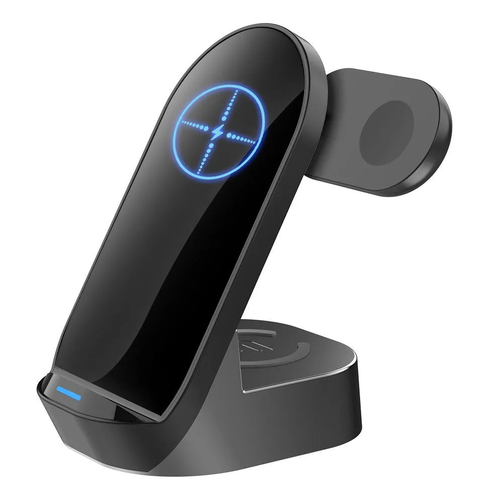 Black grey foldable 3-in-1 wireless charging vertical stand for mobile phone, Apple Watch and earbuds case