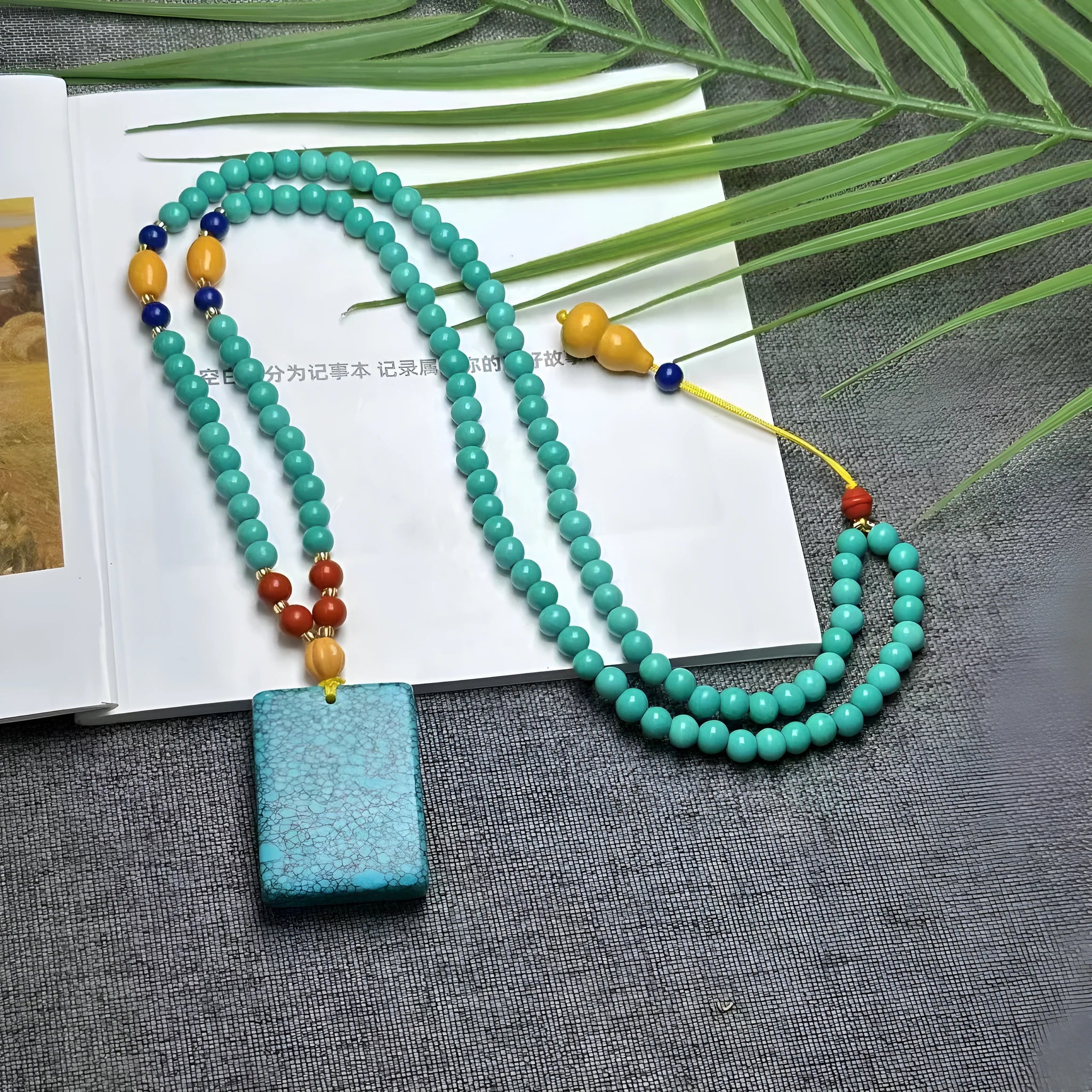 Turquoise mesh flower lucky pendant necklace on ball bead chain, adjustable 71-80cm