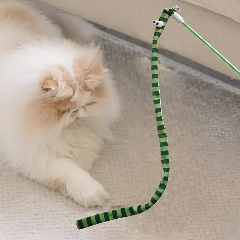 Cat wand toy with polycarbonate pole and colourful plush strip for interactive play