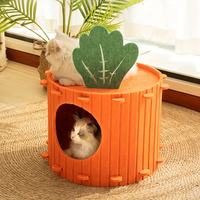 Carrot-shaped grey felt cat nest tunnel for cats, showing semi-enclosed design and drilled holes.