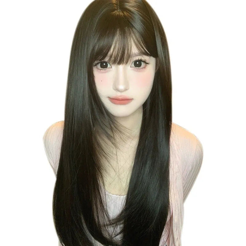 Dark brown long straight full-head wig with bangs for round face shapes