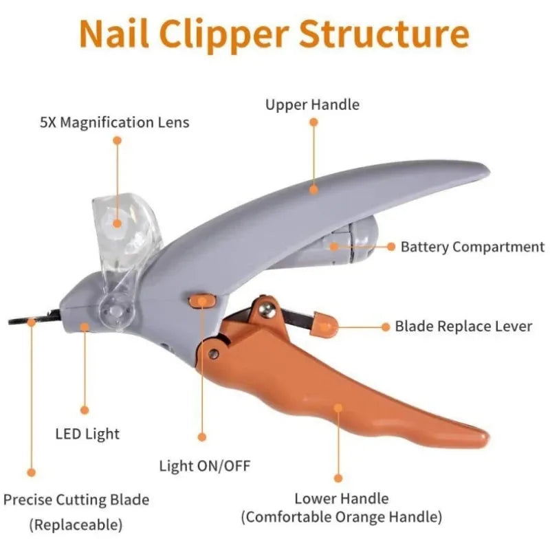 Yellow pet nail clipper with built-in LED light and magnifying window for trimming dog or cat nails.