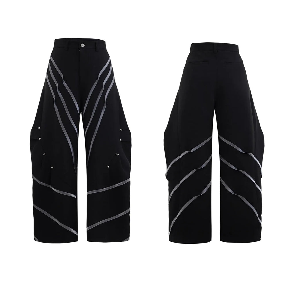Men's polyester trousers with three-dimensional cutting, metal striped rivets, and pleated design