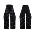 Men's polyester trousers with three-dimensional cutting, metal striped rivets, and pleated design