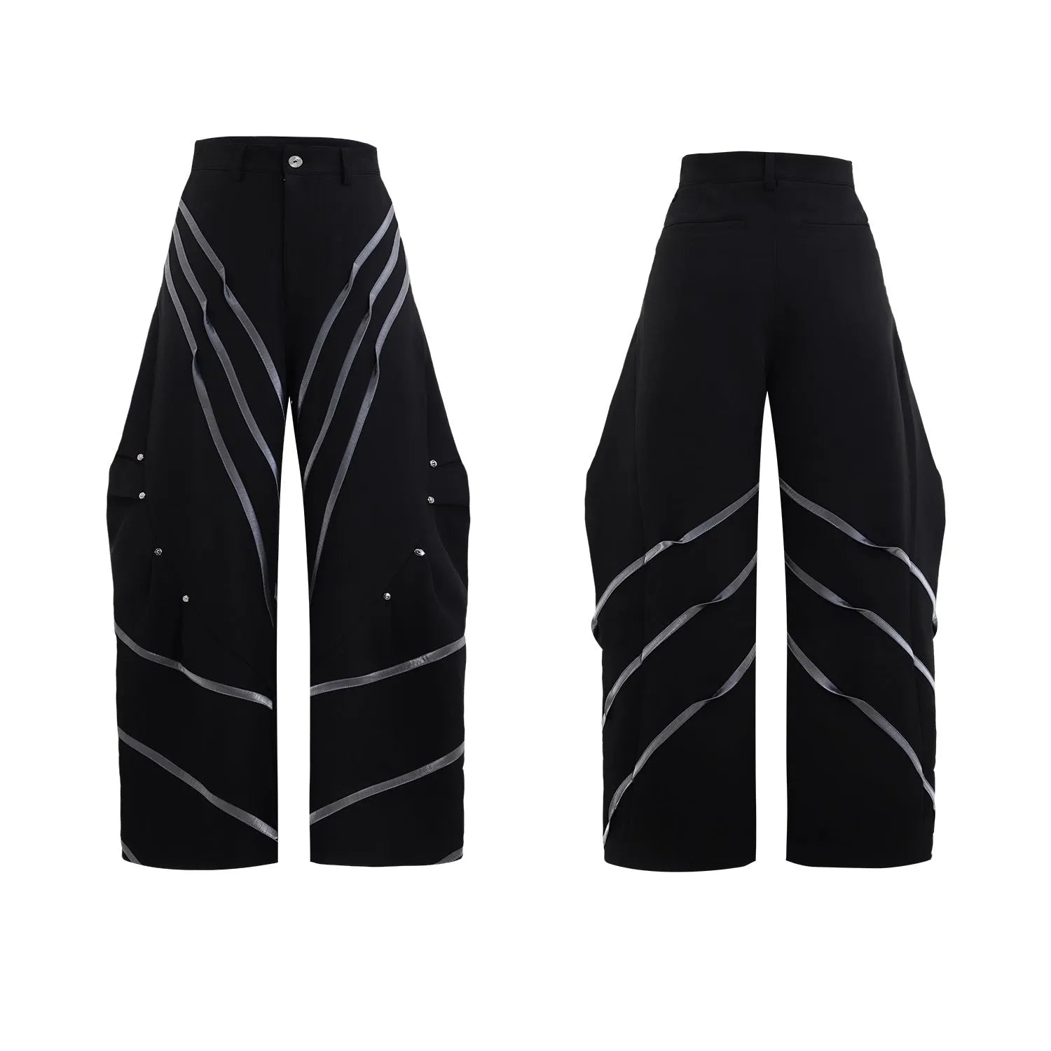 Men's polyester trousers with three-dimensional cutting, metal striped rivets, and pleated design