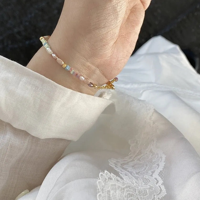 Natural purple silver pearl bracelet and necklace set with 14K gilded finish and irregular mini pearls