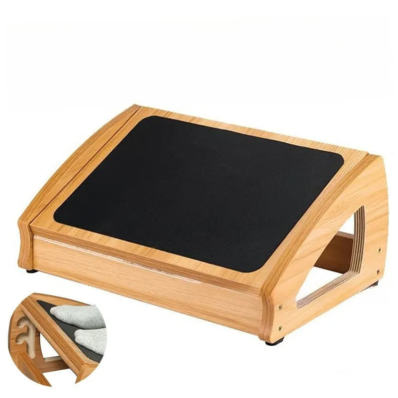 Solid wooden bamboo office desk footstool in natural wood colour, modern style.