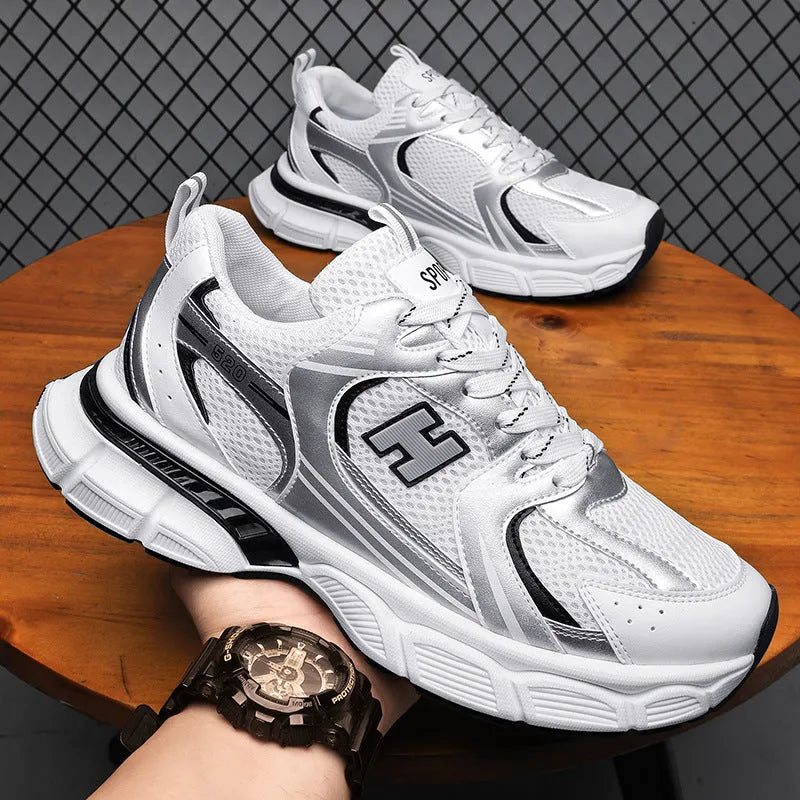 Men's mesh running shoes in three colour options with plastic sole and round toe design