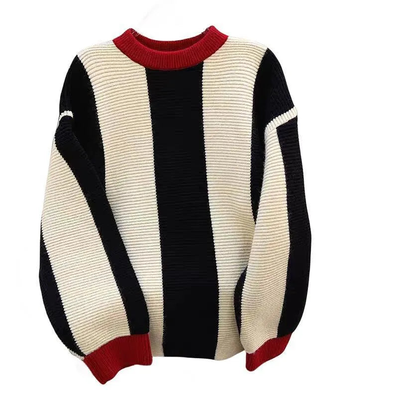 Women's striped cashmere sweater with contrast colour pattern and round neck design