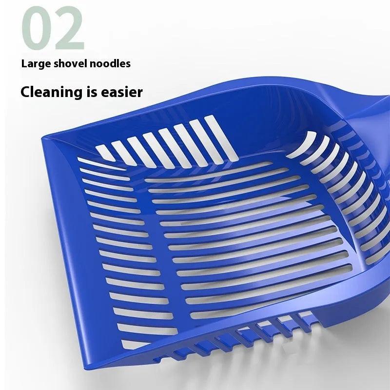 Red, yellow, and blue plastic cat litter scoops shown in small and medium sizes.