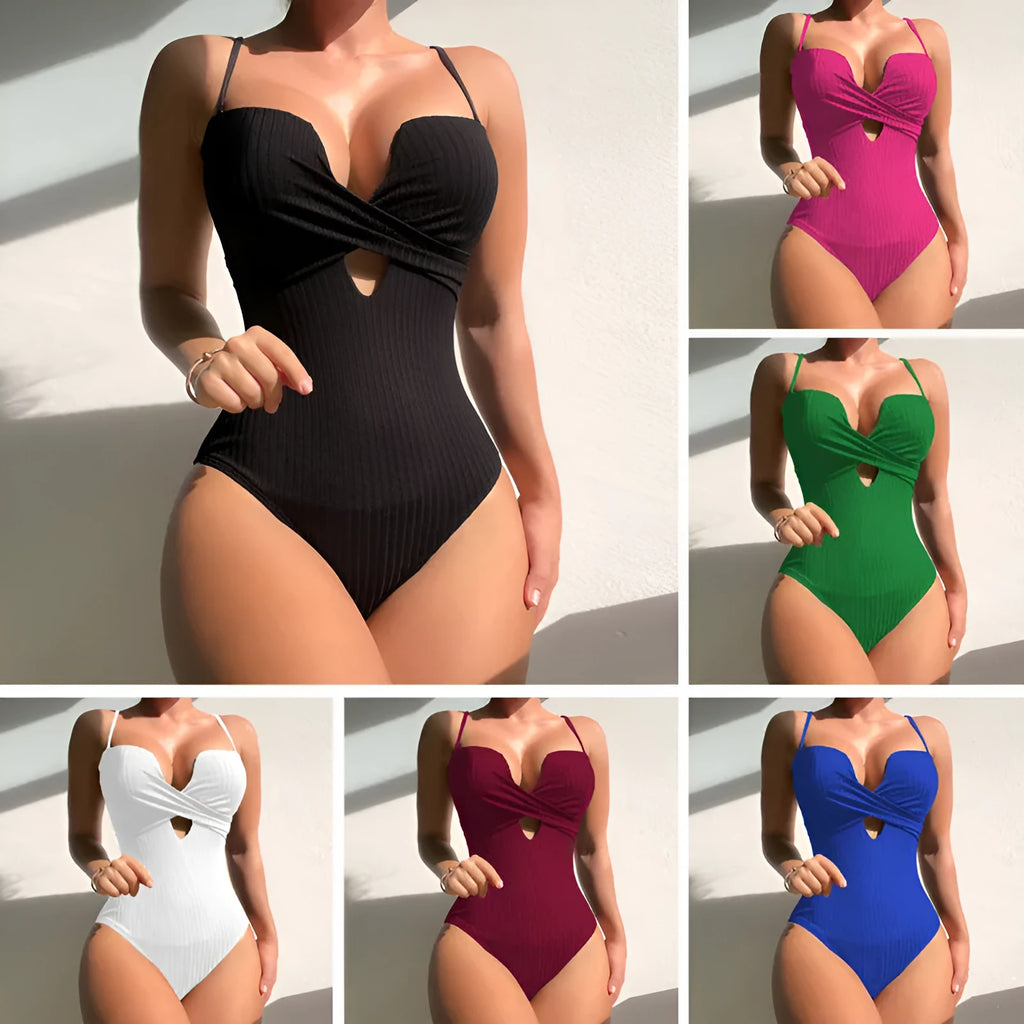 Women's solid colour one-piece swimsuit in slim fit polyester construction on size mannequin