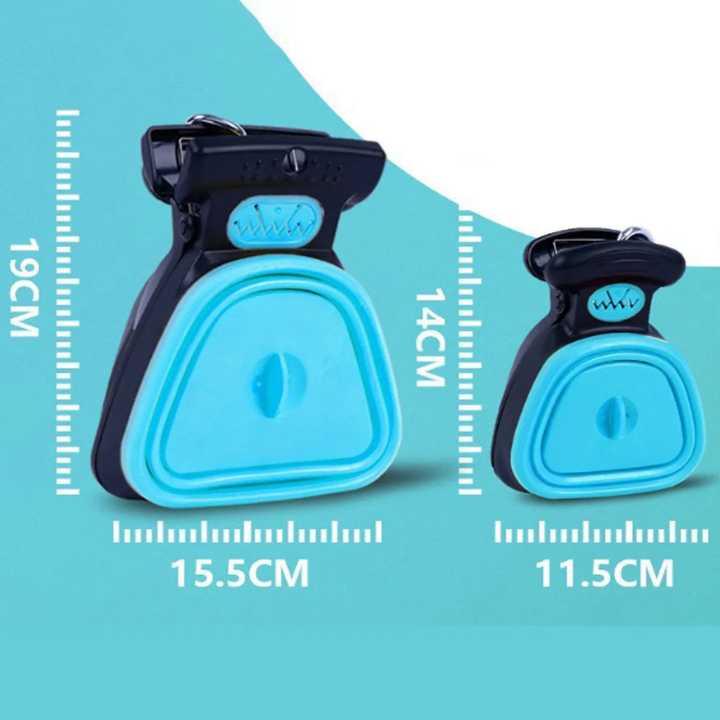 Blue portable dog pooper scooper with clip, shown with expanded waste container and bag dispenser.