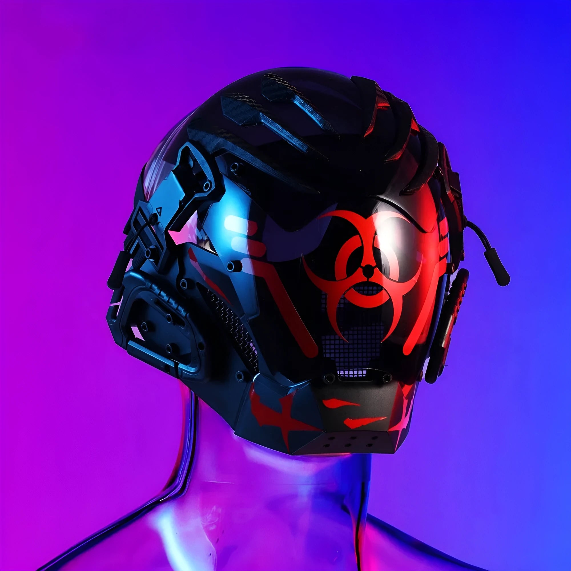 Black full face helmet prop mask with cyberpunk Bioweapon design for costume use