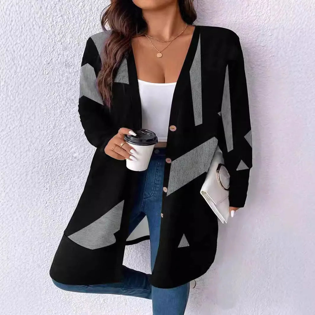 Black plus size knitwear coat with button stitching detail and regular sleeves