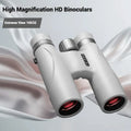 Blue and grey compact 10x32 binoculars with wine red film lenses on a plain background.