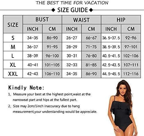 Black one-piece swimsuit with cut-out detailing and ruffled strap tube top design