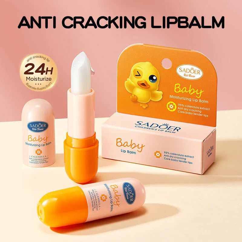 Anti-chapped lip moisturising lipstick in a tube, shown alongside text listing variants like Marigold, Hyaluronic Acid, and Watermelon.