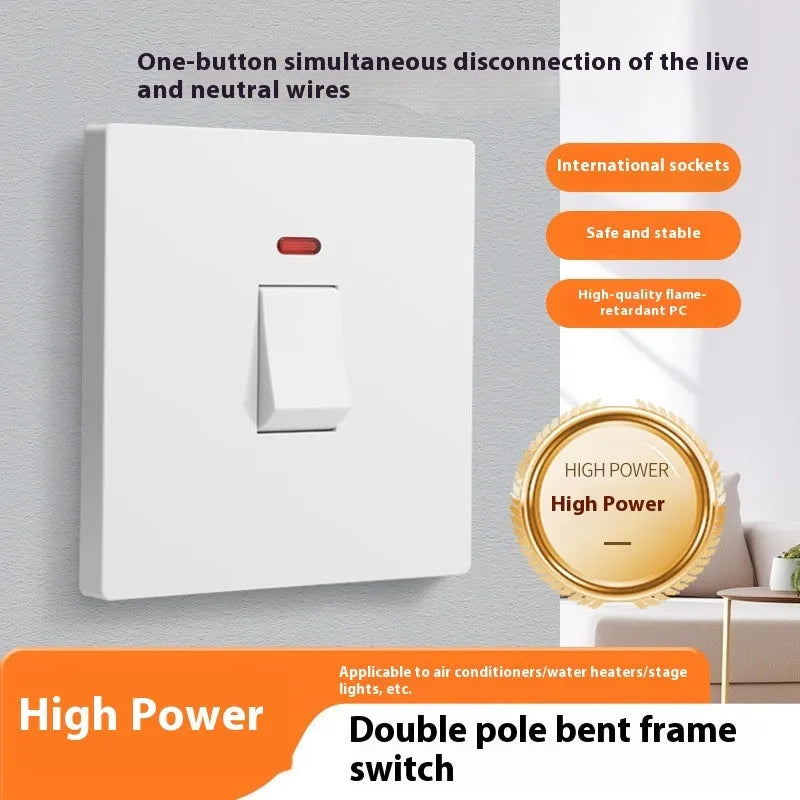 High current electrical switch with illuminated panel in white, grey, or gold for water heater and AC control.